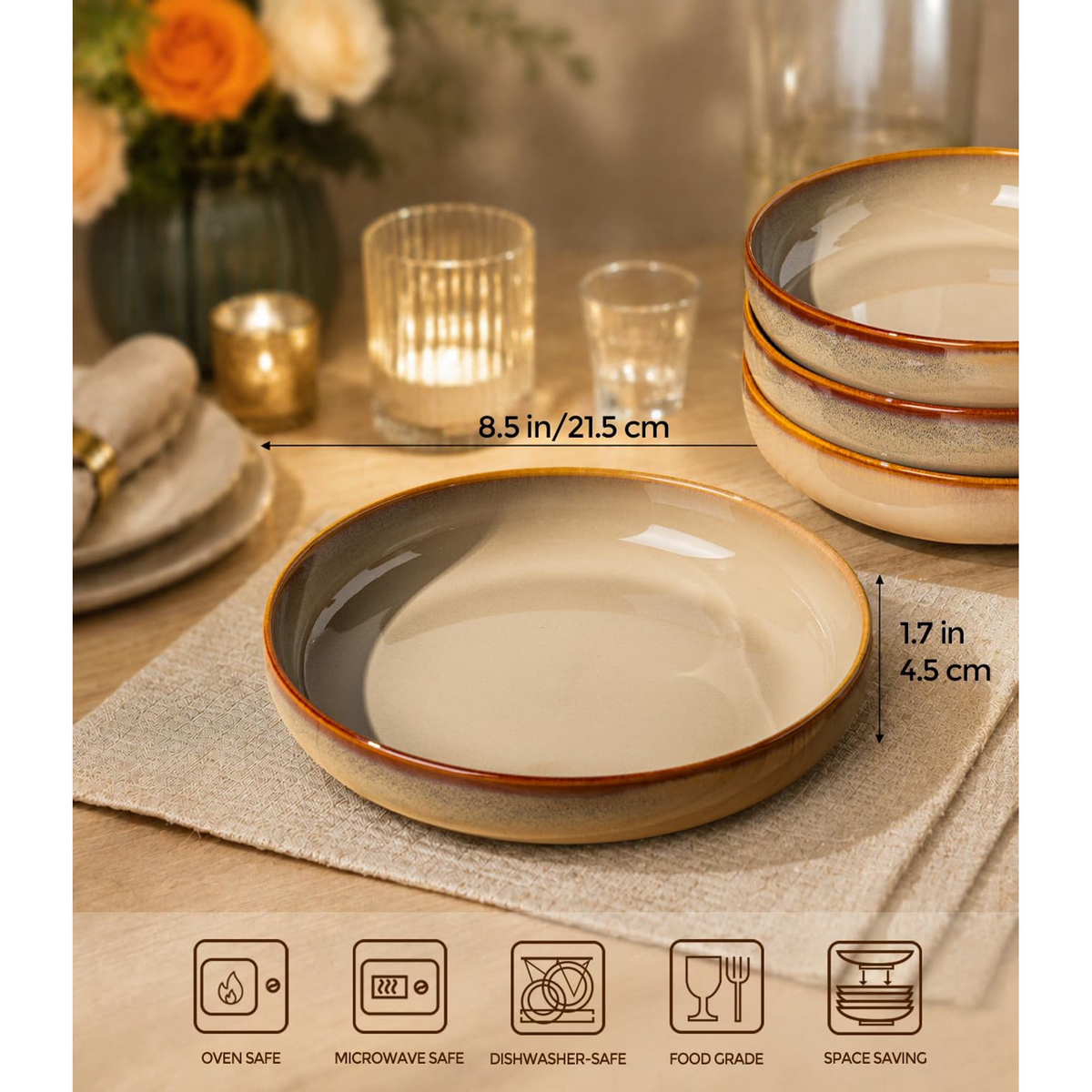 TheTerra 8.5'' Ceramic Pasta Bowls, Salad Bowls Set of 4, Stoneware Serving Bowls for Fruits, Noodle, Dinner, House-warming Wedding Present, Creamy Amber