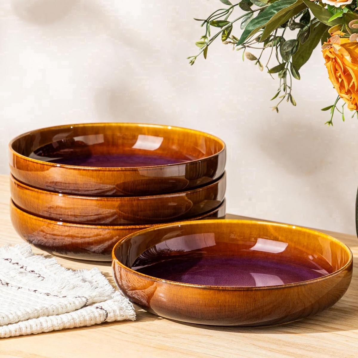 TheTerra 8.5'' Ceramic Pasta Bowls, Salad Bowls Set of 4, Stoneware Serving Bowls for Fruits, Noodle, Dinner, House-warming Wedding Present, Amber Amethyst
