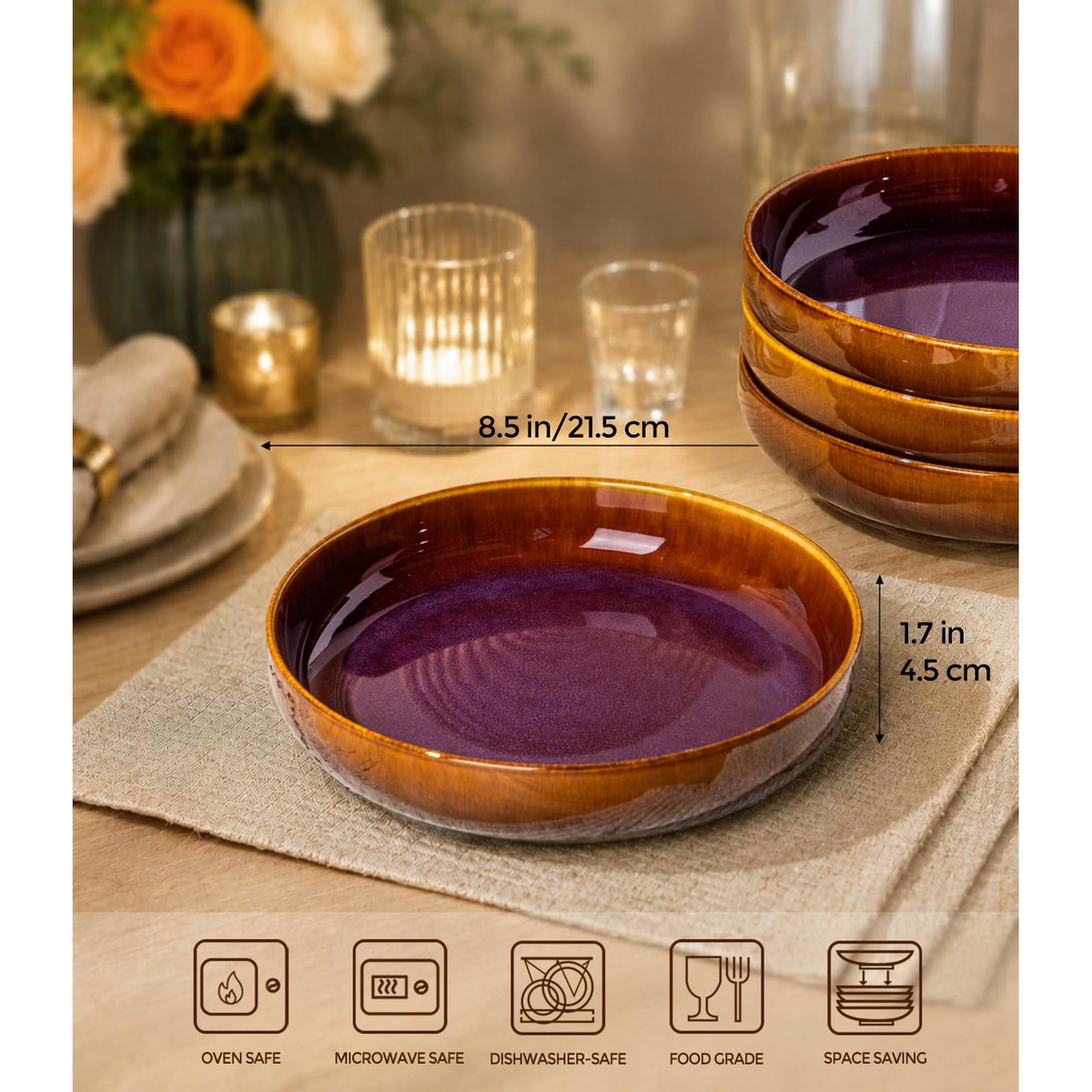 TheTerra 8.5'' Ceramic Pasta Bowls, Salad Bowls Set of 4, Stoneware Serving Bowls for Fruits, Noodle, Dinner, House-warming Wedding Present, Amber Amethyst
