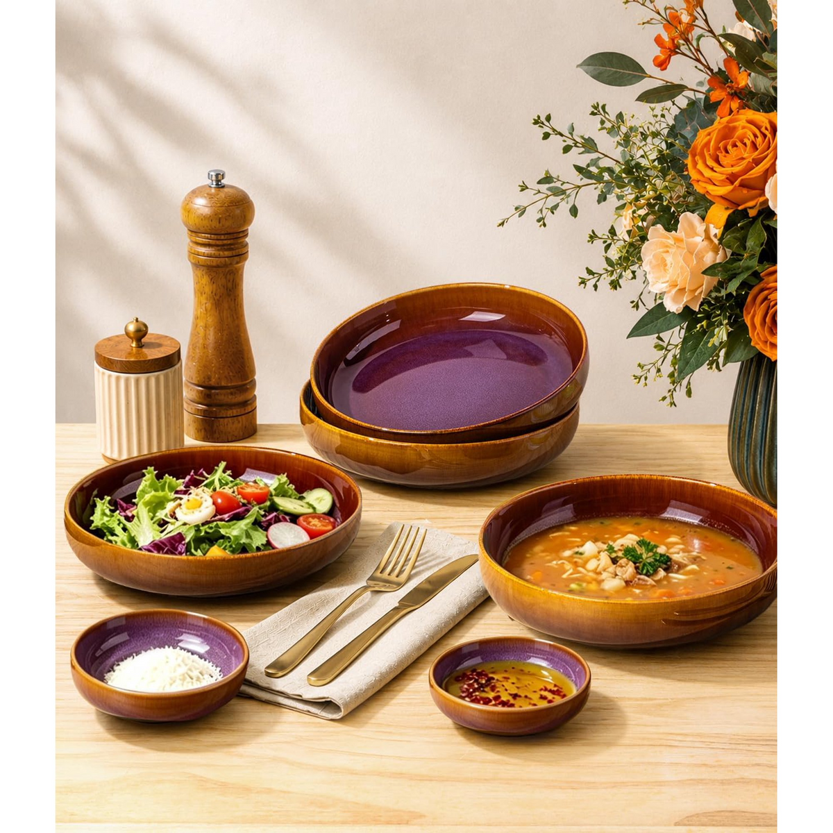 TheTerra 8.5'' Ceramic Pasta Bowls, Salad Bowls Set of 4, Stoneware Serving Bowls for Fruits, Noodle, Dinner, House-warming Wedding Present, Amber Amethyst