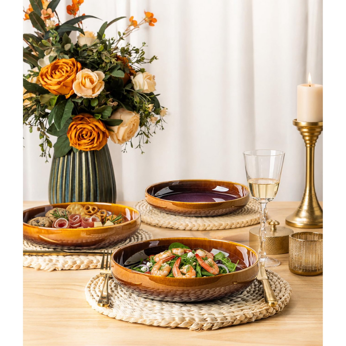 TheTerra 8.5'' Ceramic Pasta Bowls, Salad Bowls Set of 4, Stoneware Serving Bowls for Fruits, Noodle, Dinner, House-warming Wedding Present, Amber Amethyst