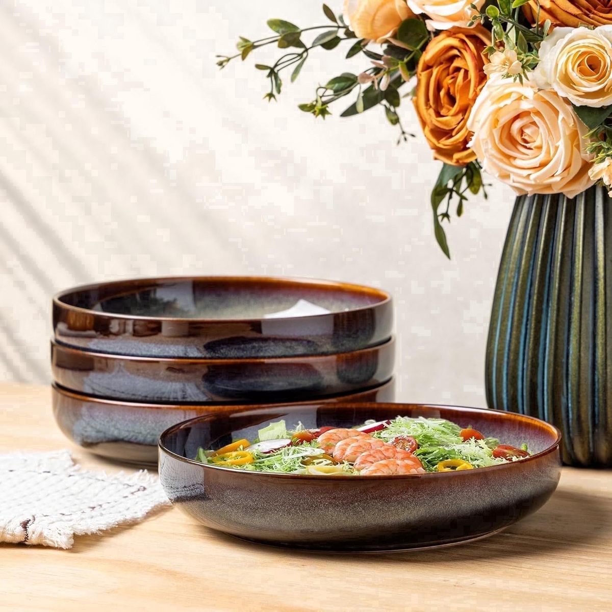 TheTerra 8.5'' Ceramic Pasta Bowls, Salad Bowls Set of 4, Stoneware Serving Bowls for Fruits, Noodle, Dinner, House-warming Wedding Present, Coca Mocha