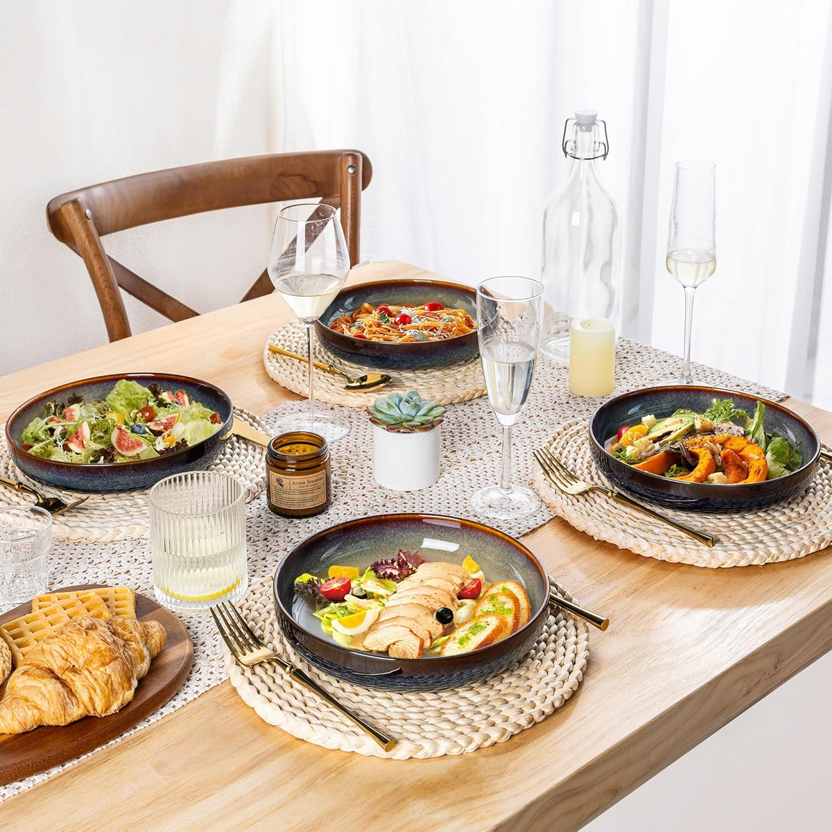 TheTerra 8.5'' Ceramic Pasta Bowls, Salad Bowls Set of 4, Stoneware Serving Bowls for Fruits, Noodle, Dinner, House-warming Wedding Present, Coca Mocha