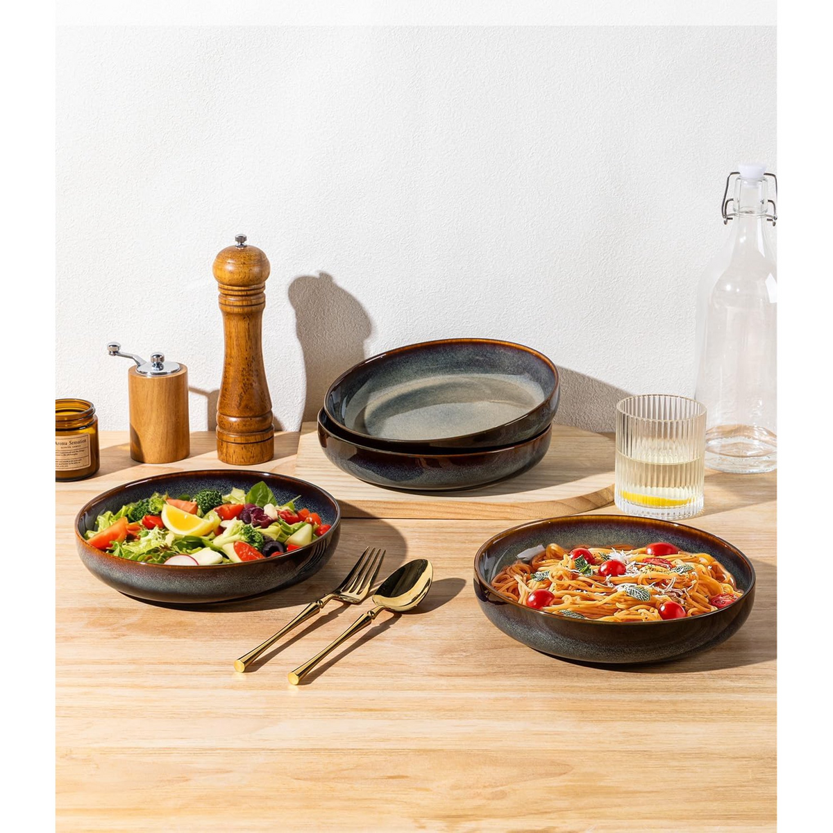 TheTerra 8.5'' Ceramic Pasta Bowls, Salad Bowls Set of 4, Stoneware Serving Bowls for Fruits, Noodle, Dinner, House-warming Wedding Present, Coca Mocha