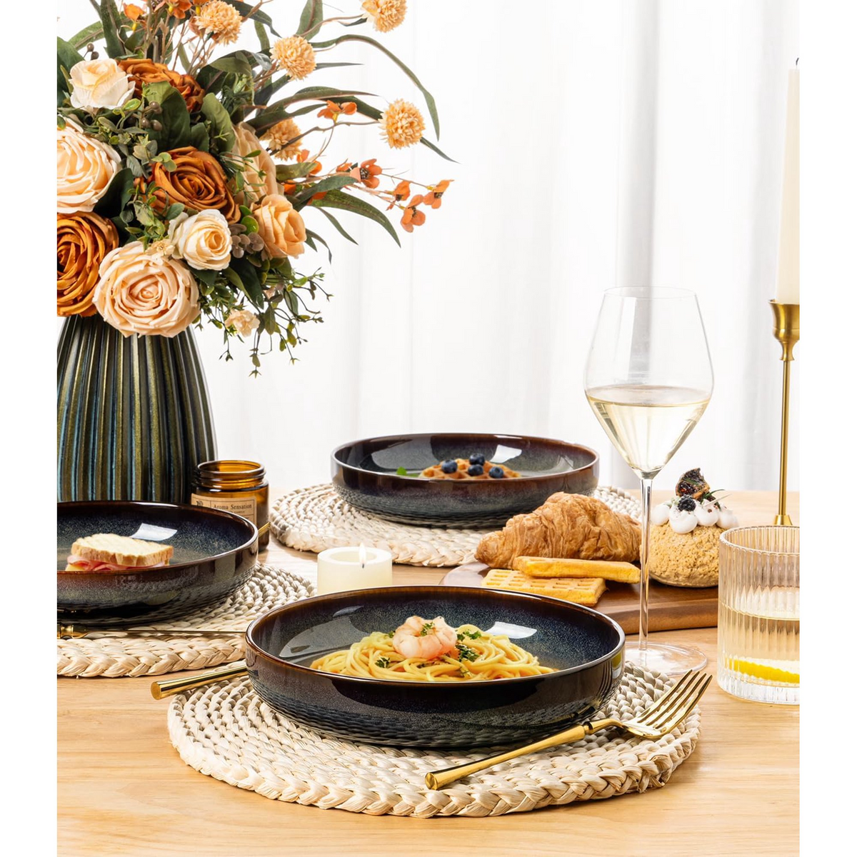 TheTerra 8.5'' Ceramic Pasta Bowls, Salad Bowls Set of 4, Stoneware Serving Bowls for Fruits, Noodle, Dinner, House-warming Wedding Present, Coca Mocha
