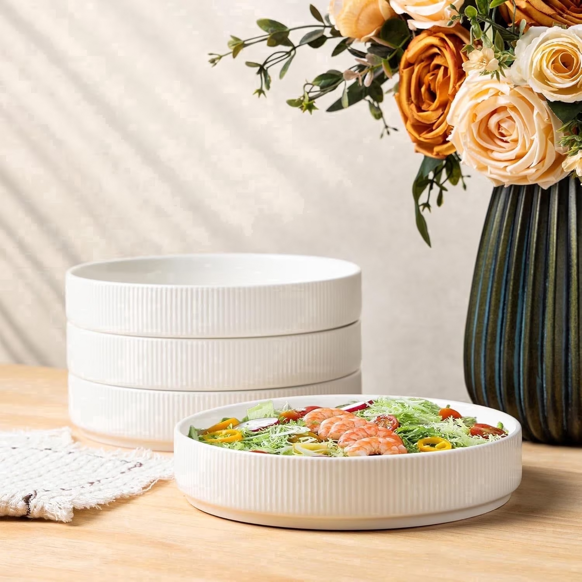 Theterra 7.5'' Ceramic Pasta Bowls, Salad Bowls Set of 4, Stoneware Serving Bowls for Fruits, Noodle, Dinner, House-warming Wedding Present, Bright White