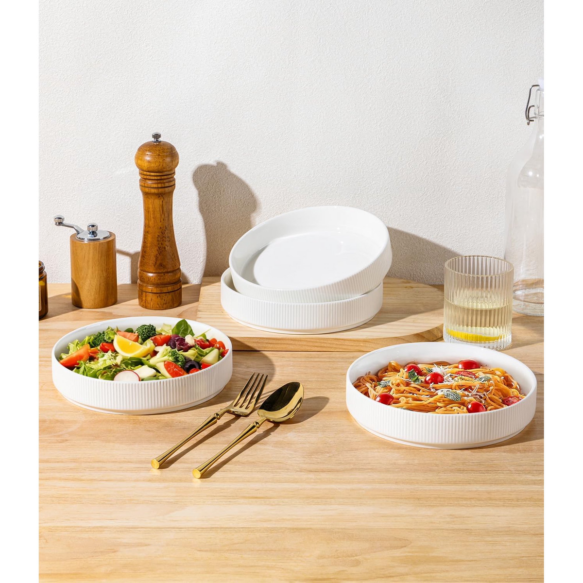 Theterra 7.5'' Ceramic Pasta Bowls, Salad Bowls Set of 4, Stoneware Serving Bowls for Fruits, Noodle, Dinner, House-warming Wedding Present, Bright White