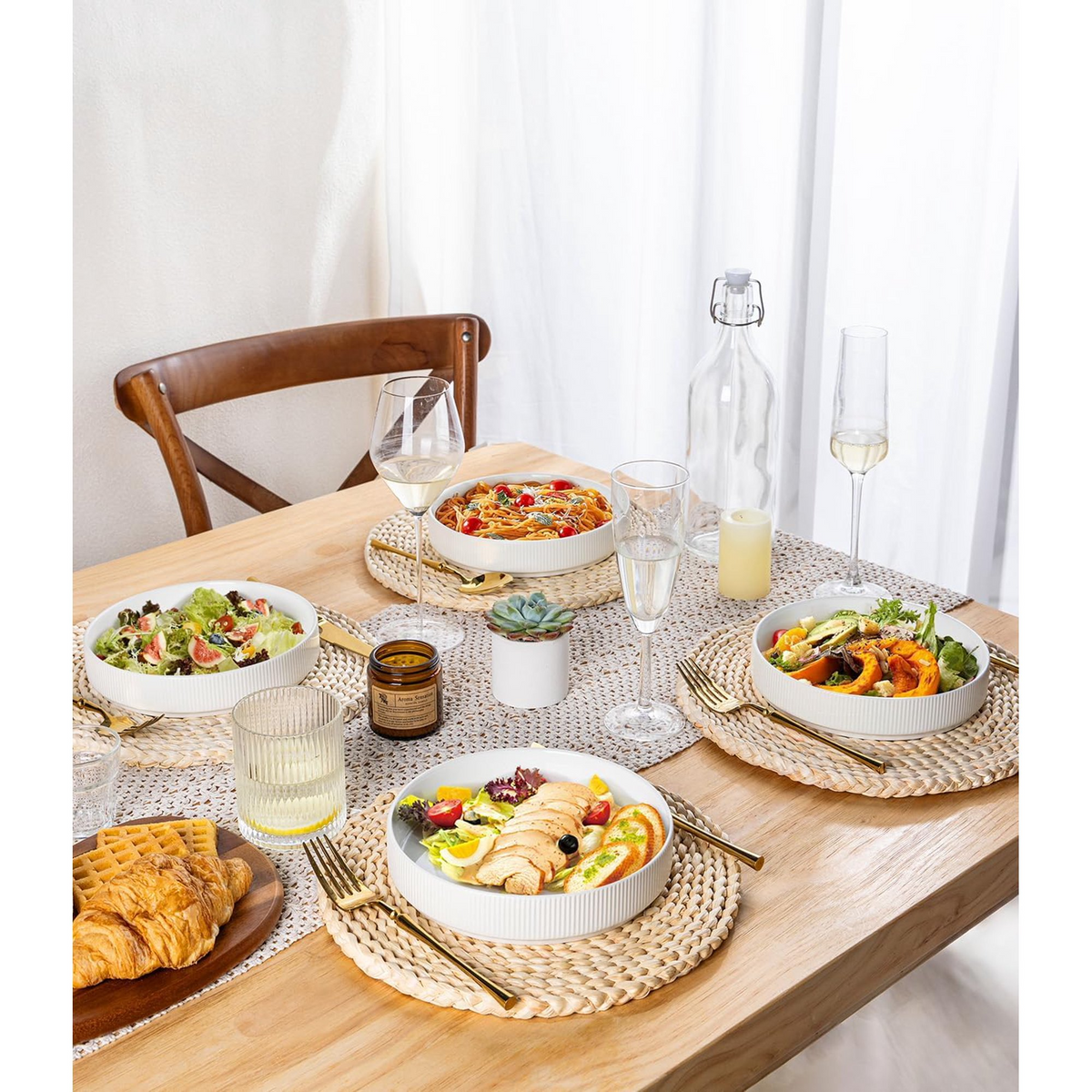 Theterra 7.5'' Ceramic Pasta Bowls, Salad Bowls Set of 4, Stoneware Serving Bowls for Fruits, Noodle, Dinner, House-warming Wedding Present, Bright White
