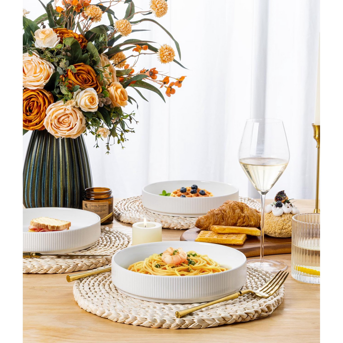 Theterra 7.5'' Ceramic Pasta Bowls, Salad Bowls Set of 4, Stoneware Serving Bowls for Fruits, Noodle, Dinner, House-warming Wedding Present, Bright White
