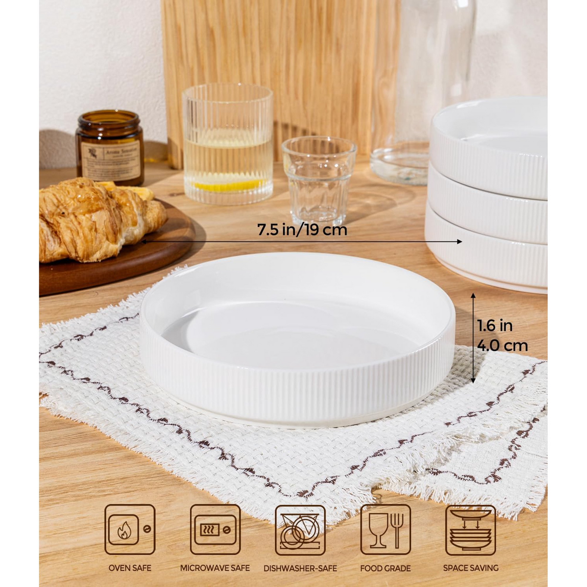 Theterra 7.5'' Ceramic Pasta Bowls, Salad Bowls Set of 4, Stoneware Serving Bowls for Fruits, Noodle, Dinner, House-warming Wedding Present, Bright White